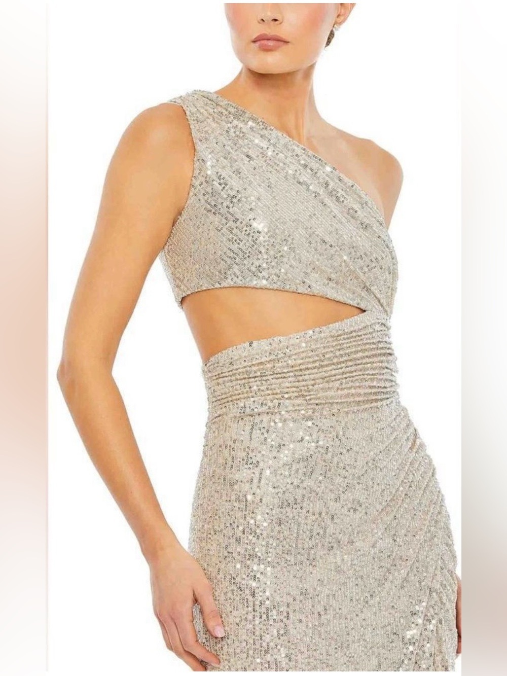 Mac Duggal Silver One-Shoulder Sequin Cutout Gown with Thigh Slit - Picture 2 of 3